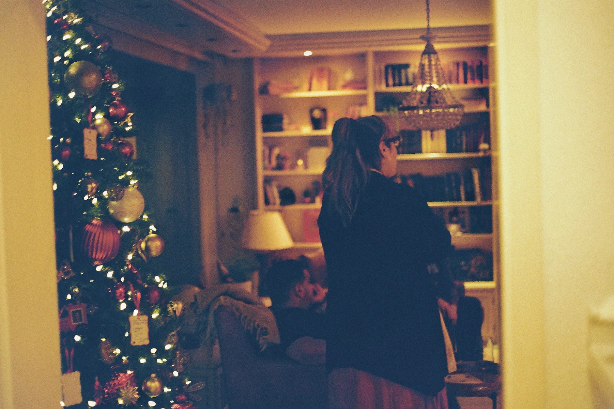 Warm Christmas living room scene photographed on film
